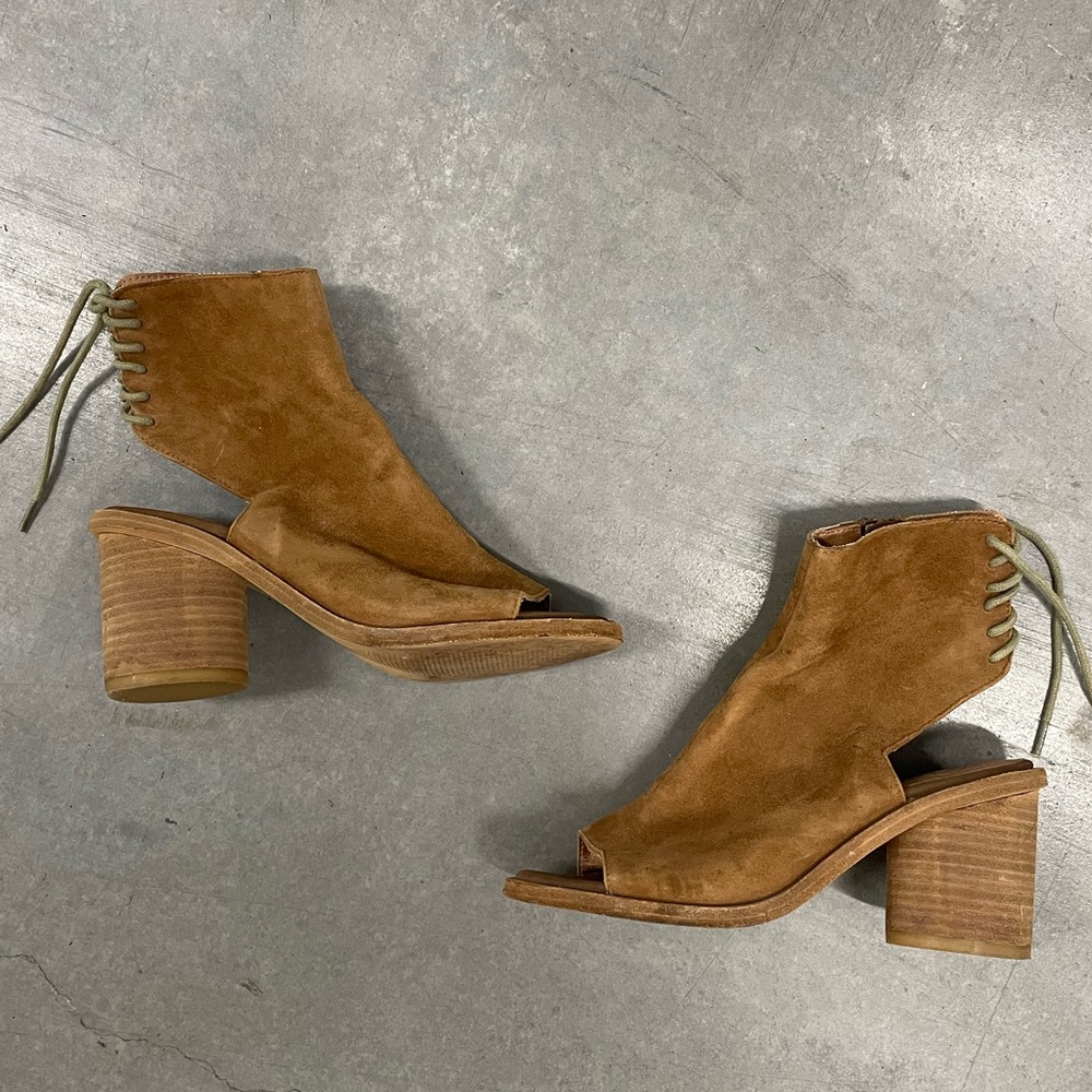 Jeffrey Campbell Last‎ Ibiza Brown Suede Peep Toe Lace Up Block Heel Sandals 6.5